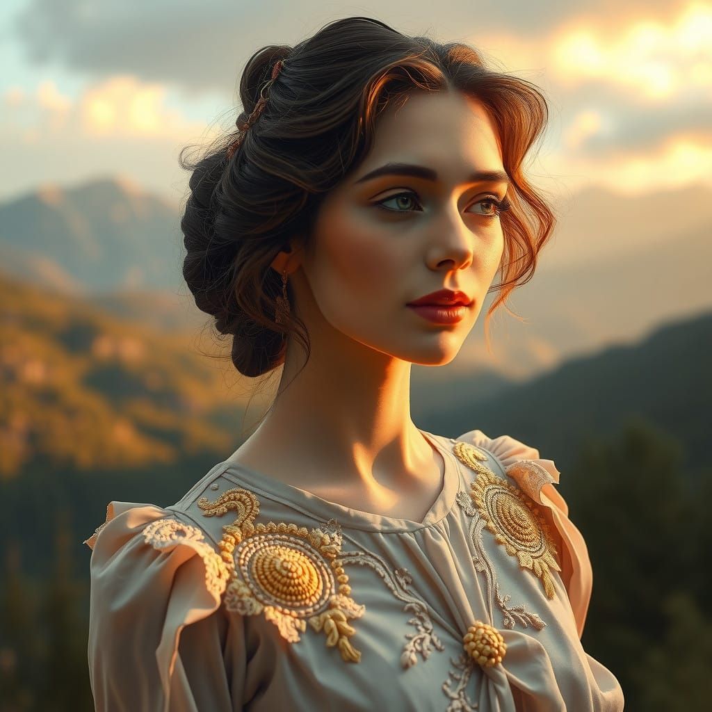 Serene Lady in Enchanted Landscape with Soft Golden Light