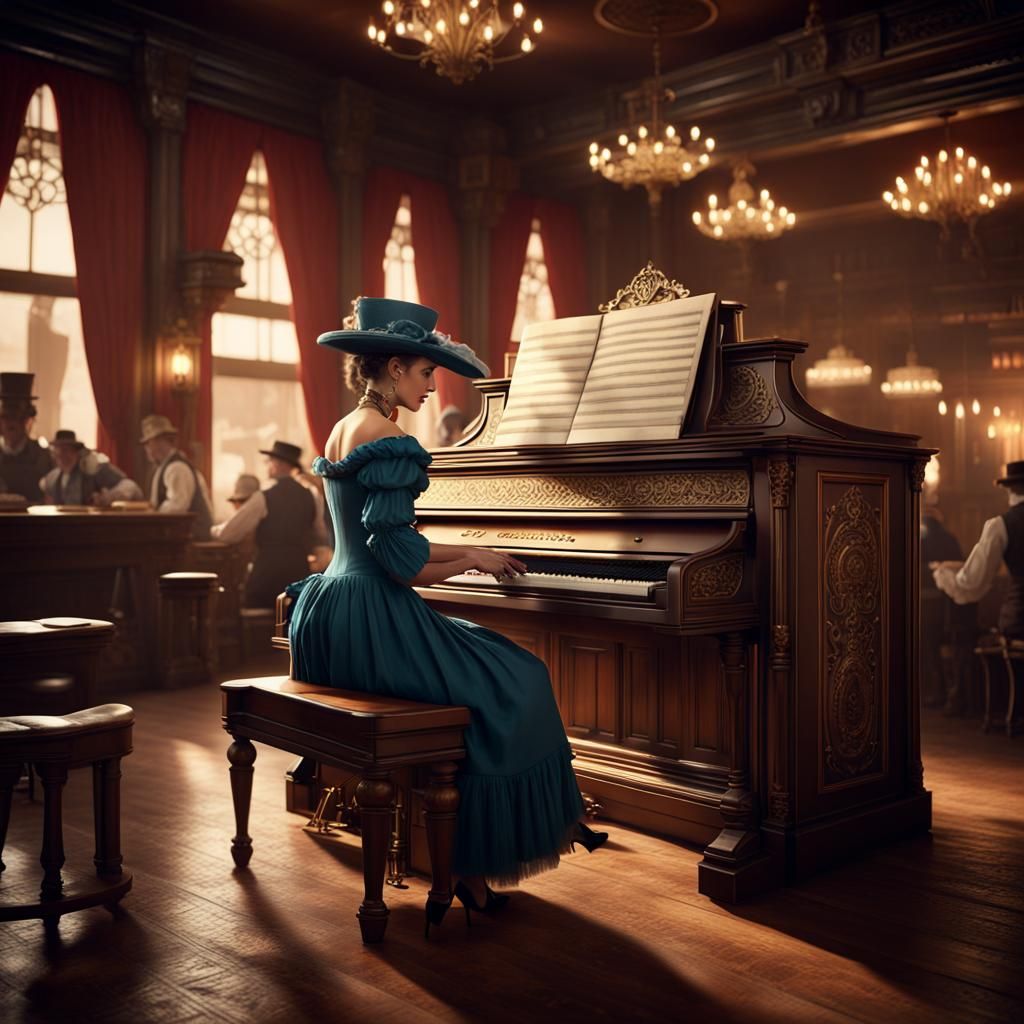 Saloon Woman Plays Honky-Tonk Piano: Detailed Matte Painting