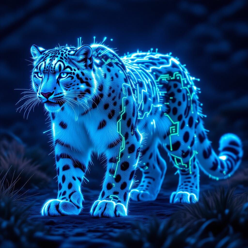 Bioluminescent Biomechanical Snow Leopard in Futuristic Styl...