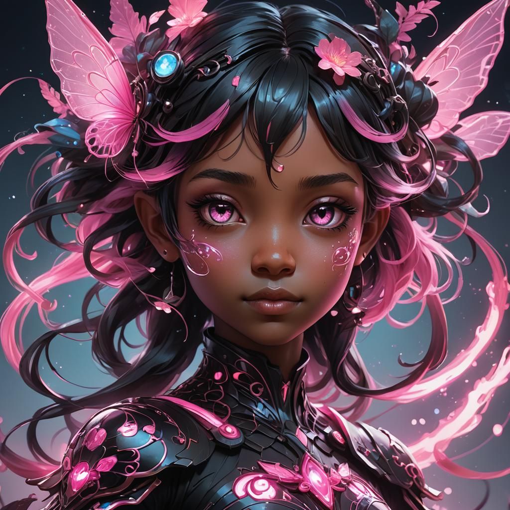 Bioluminescent Black and Pink Chibi Fae Portrait