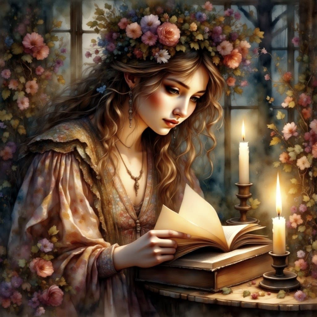 Woman Reads by Candlelight in Watercolor Style