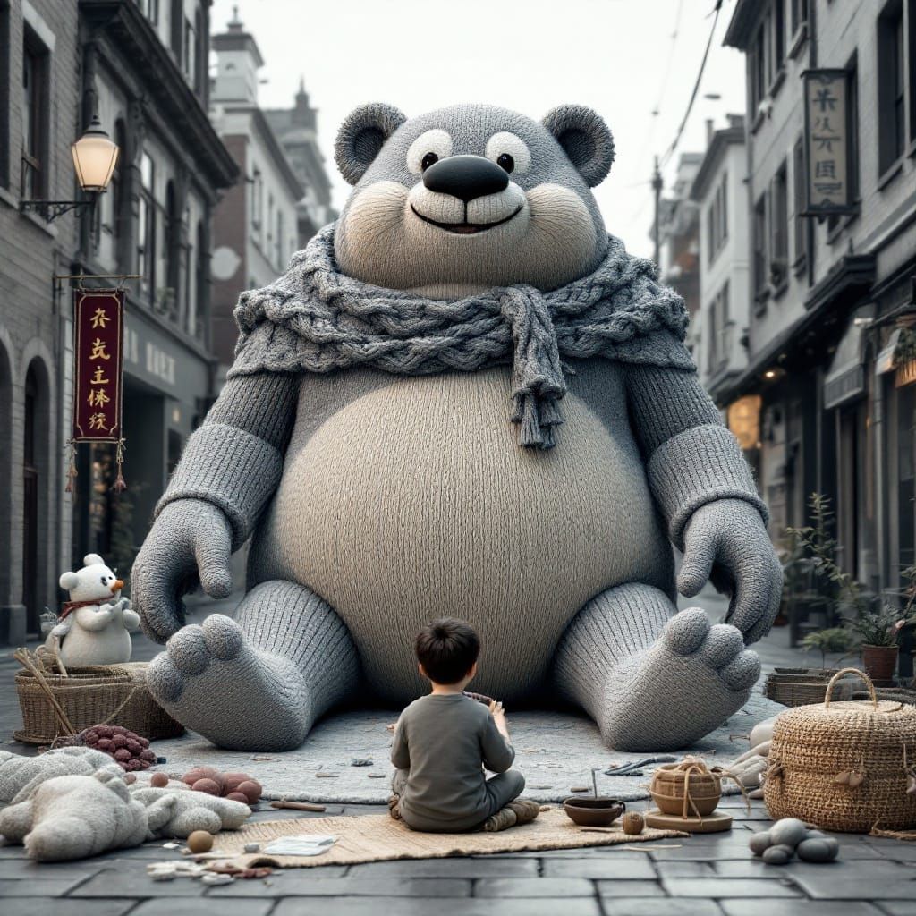 Boy Working on a Giant Knitted Ambulance in Street Scene