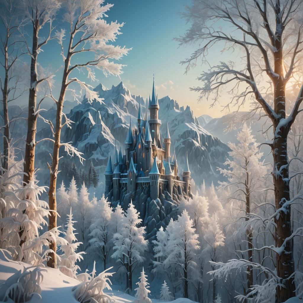 Majestic Ice Castle in Frosty Winter Forest