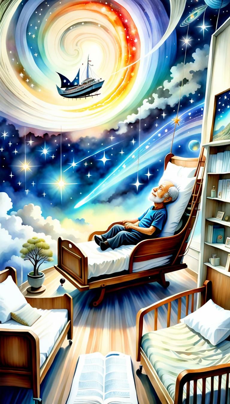 Old Man Sails Hospital Bed in Surreal Folk Art