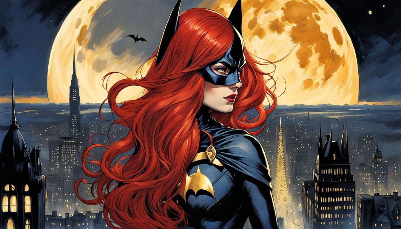 Batgirl Over Gotham in Alan Lee Style