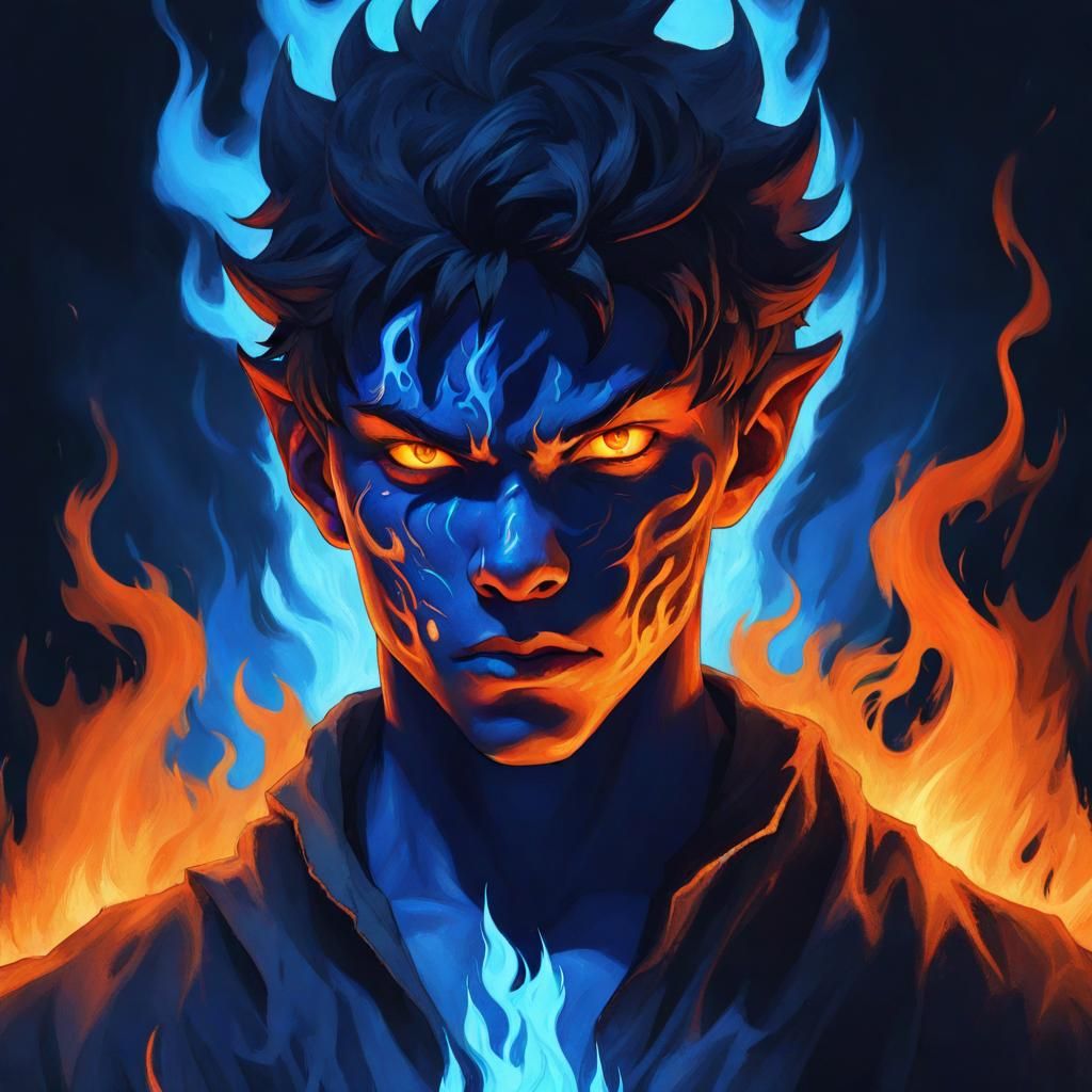 Teenage Demon Engulfed in Blue Flames: Hyperrealistic Art