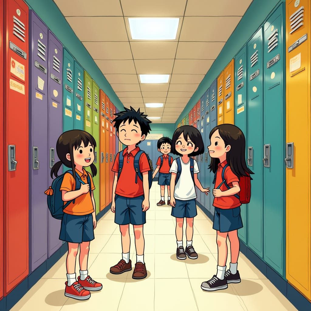 Vibrant Elementary School Hallway in Playful Artistic Style