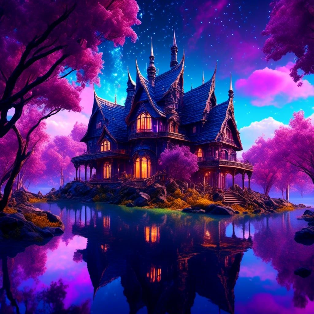 Magical Fantasy House with Aurora Reflection