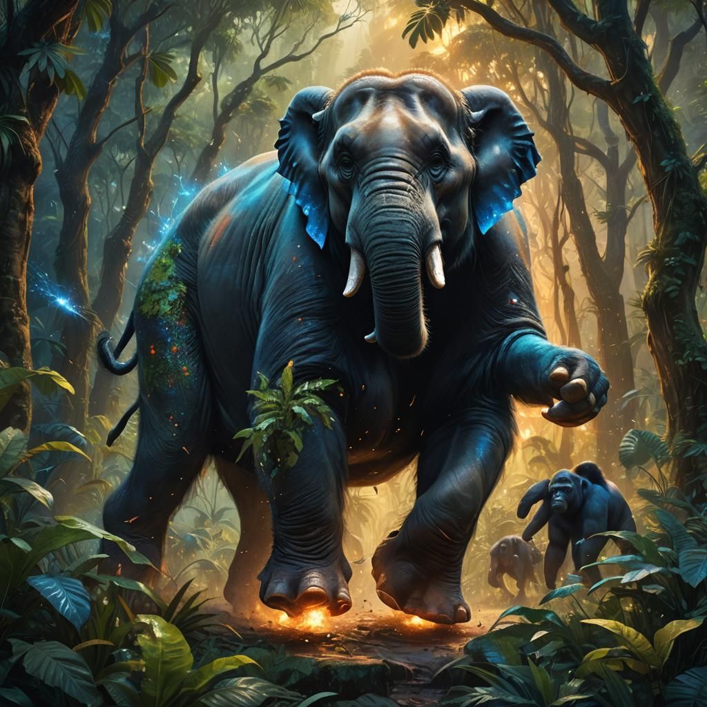 Elephant Stomping Gorilla in Jungle: Hyper-Realistic Oil Pai...