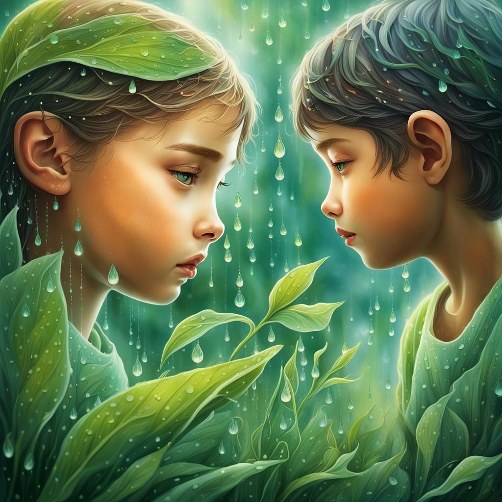 Enchanted Children in Dew-Kissed Landscape