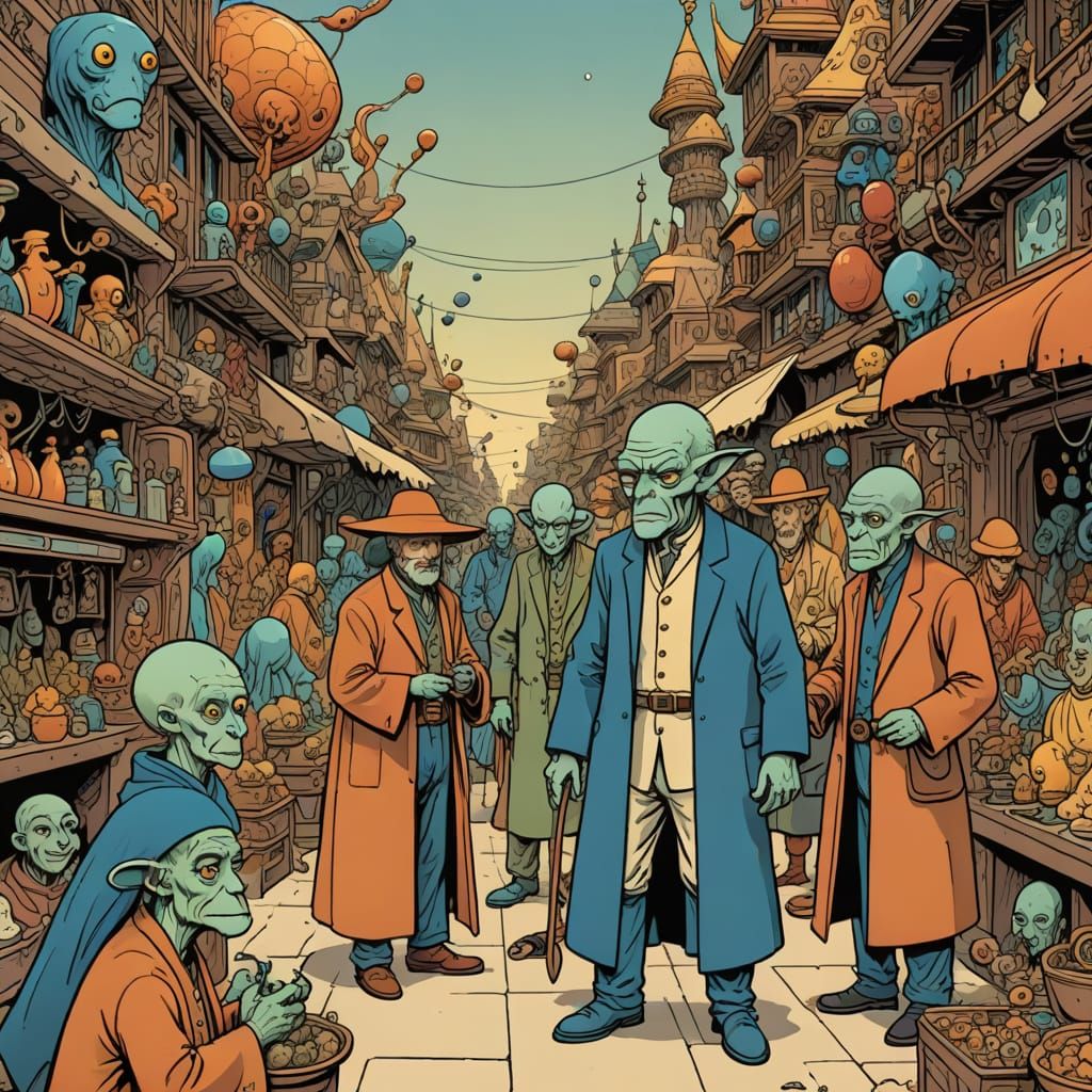 Bizarre Intergalactic Market Scene in a Dreamlike Style