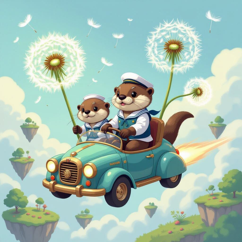 Steampunk Otters in Flying Car, Watercolor Style