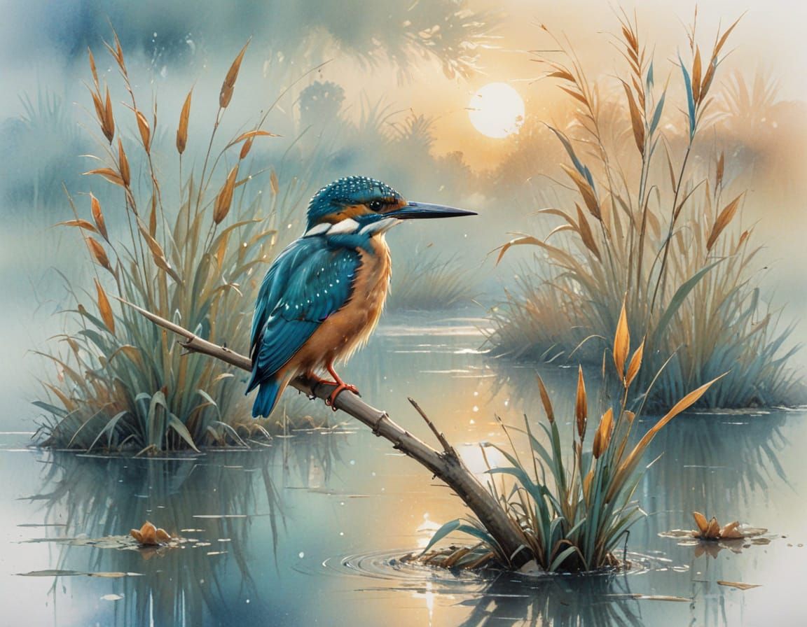 Kingfisher Perched Above Misty Pond, Expressive Watercolor