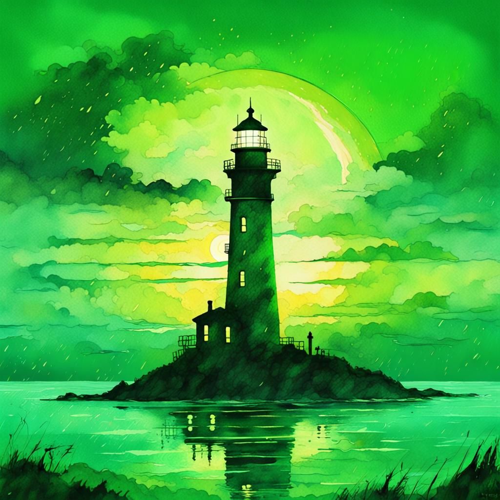 Green Sunset Lighthouse in Stylized Watercolor