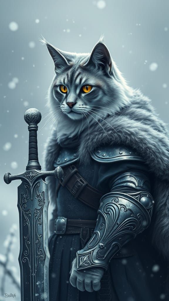 Cyberpunk Cat Warrior in Winter Landscape