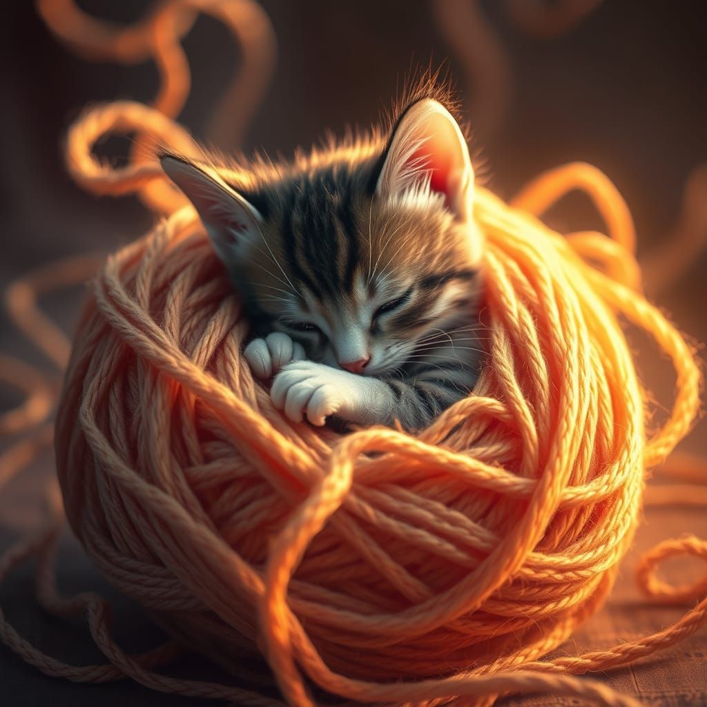 Kitten's Whimsical Yarn Adventure: Digital Art