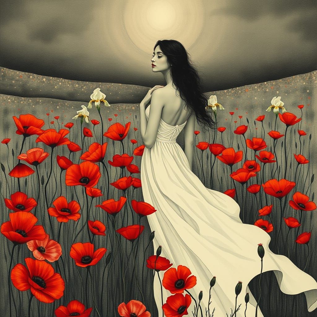 Surreal Dreamlike Landscape with Poppies in Delicate Etching...