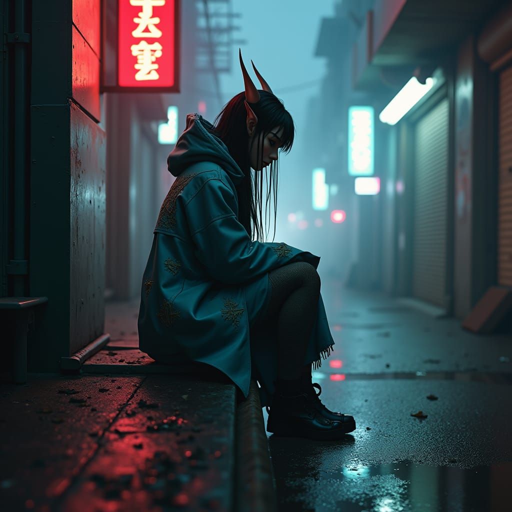 Cyberpunk Elf on Metallic Shelf in Dystopian Cityscape