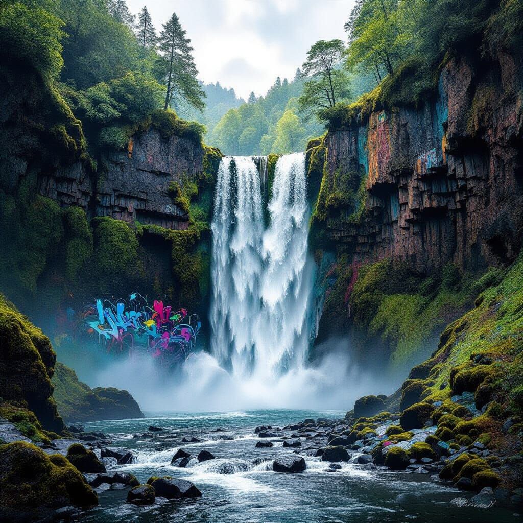 Vibrant Graffiti Waterfall Landscape in Dynamic Street Art S...