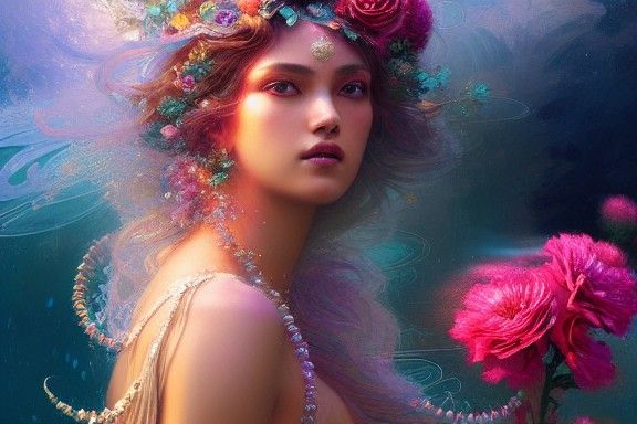 Goddess of Beauty Waves: Digital Rainbow Art