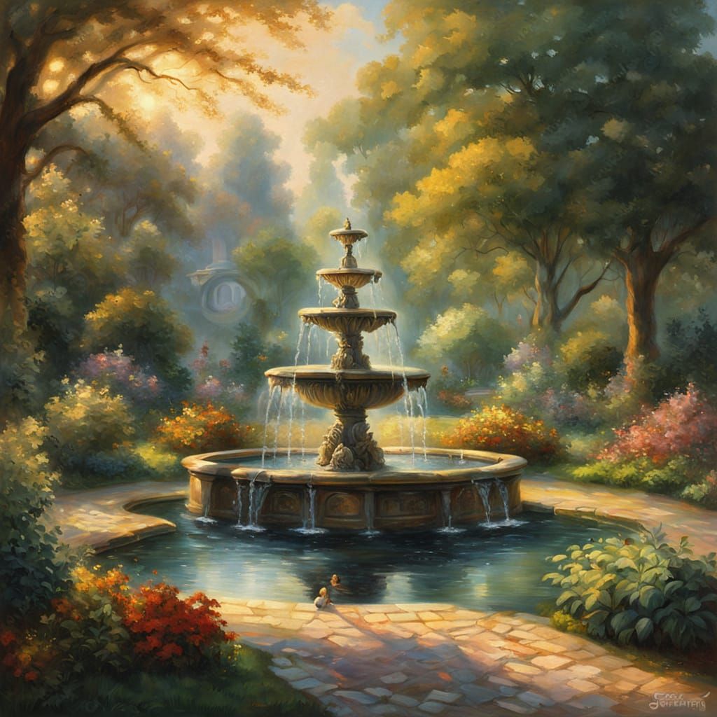 Garden Fountain with Triton in Golden Hour Light