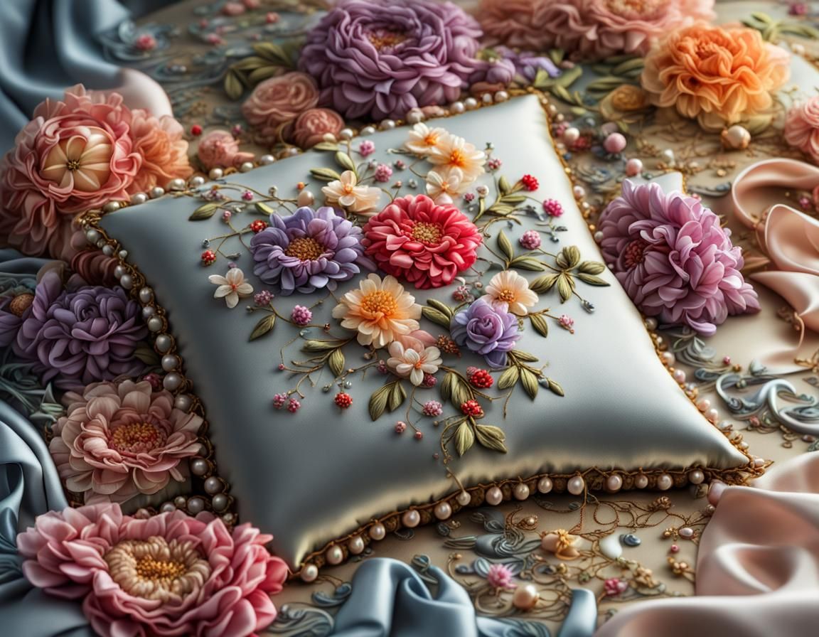 Detailed Ribbon Embroidery Flowers on Golden Cushion