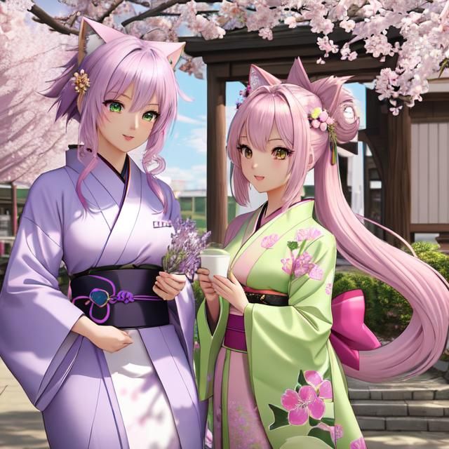 Anime Woman with Cat in Sakura Petals