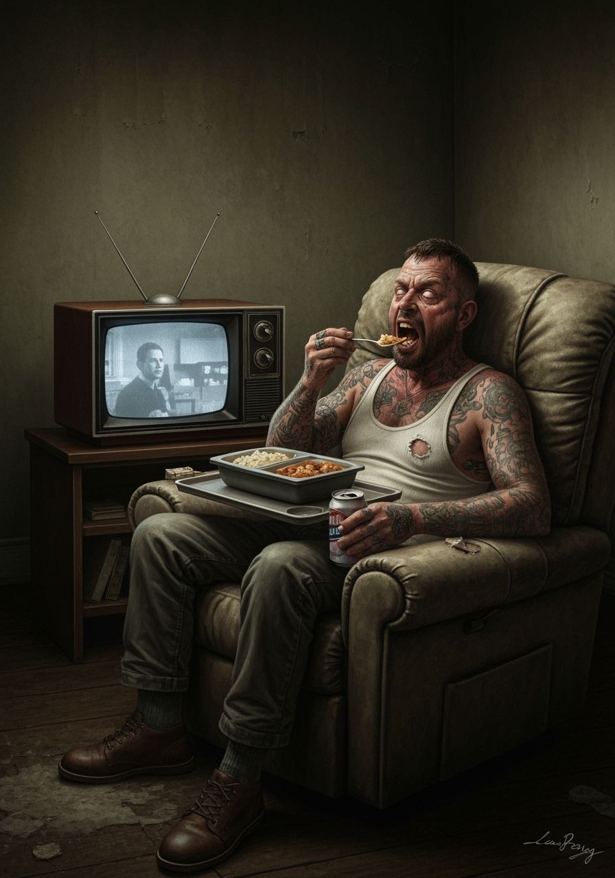 Biker Eating TV Dinner in Gritty Realistic Style