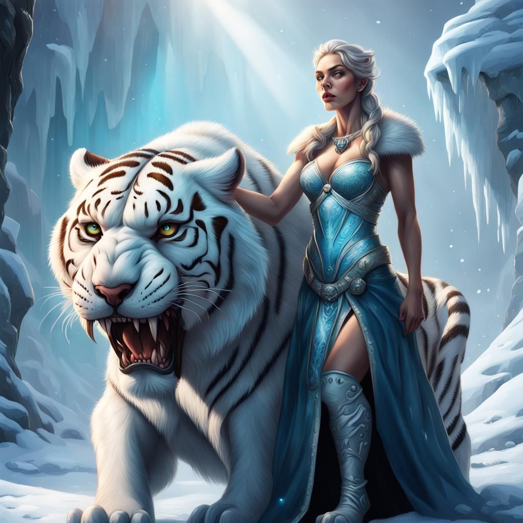 Ice Queen and Sabertooth Tiger in Hyperrealism