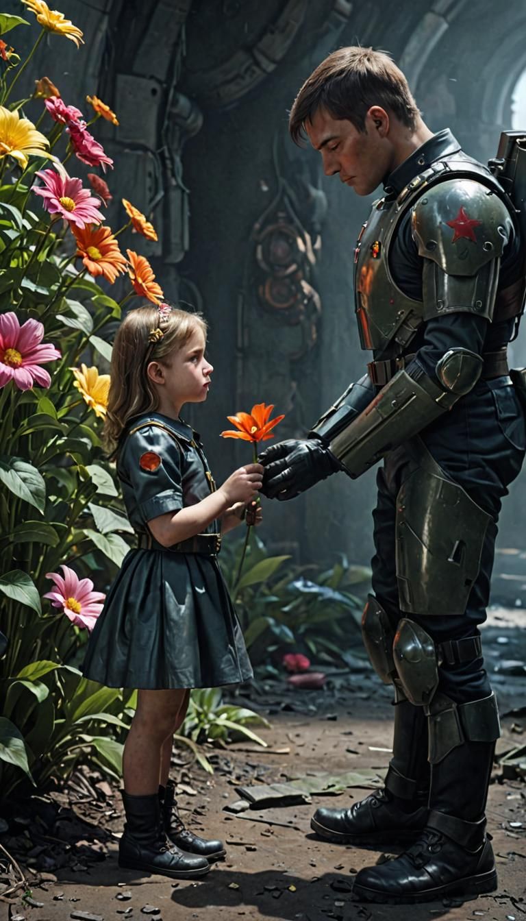 Futuristic Soldier and Girl with Flower