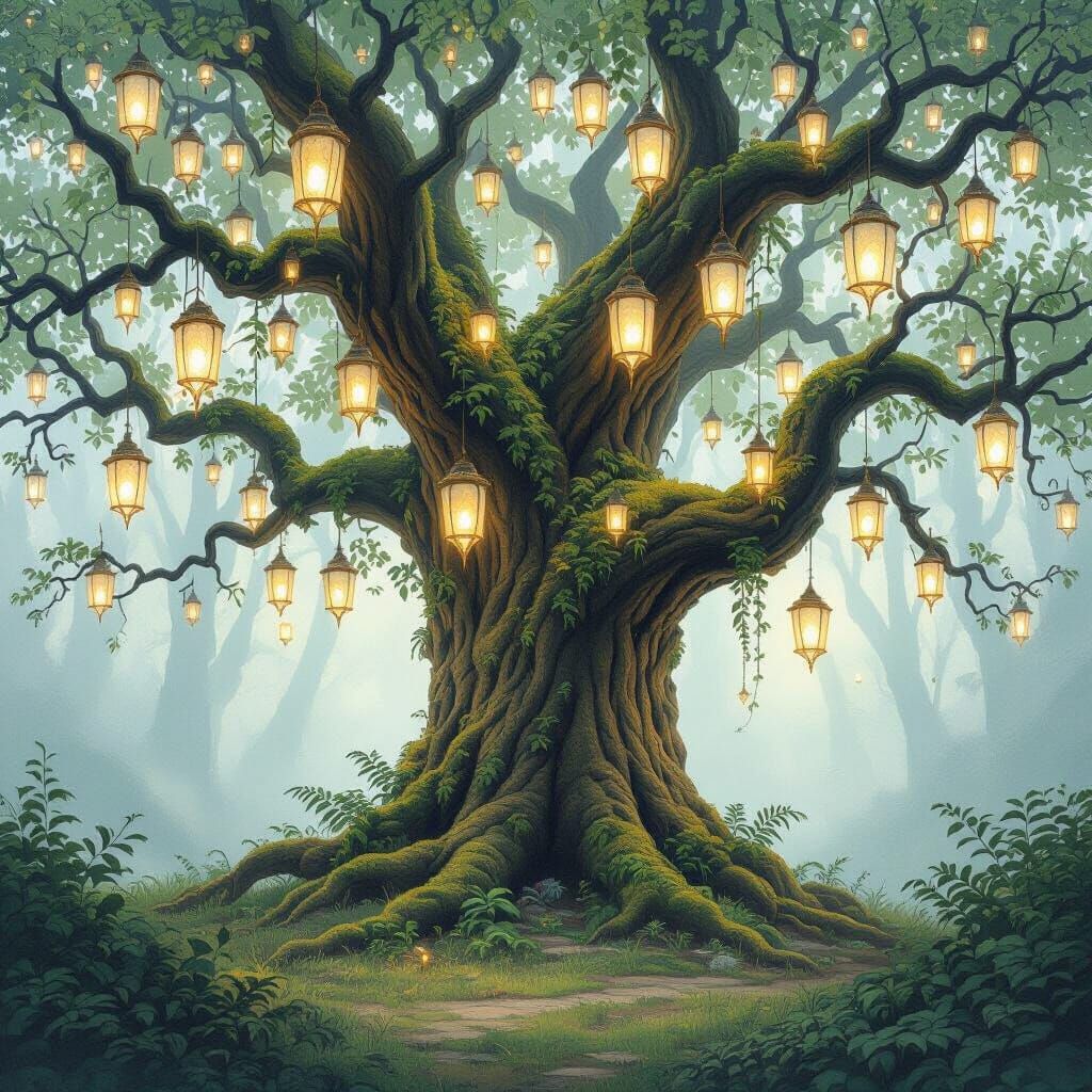 Ancient Tree with Ethereal Lanterns in Mystical Forest