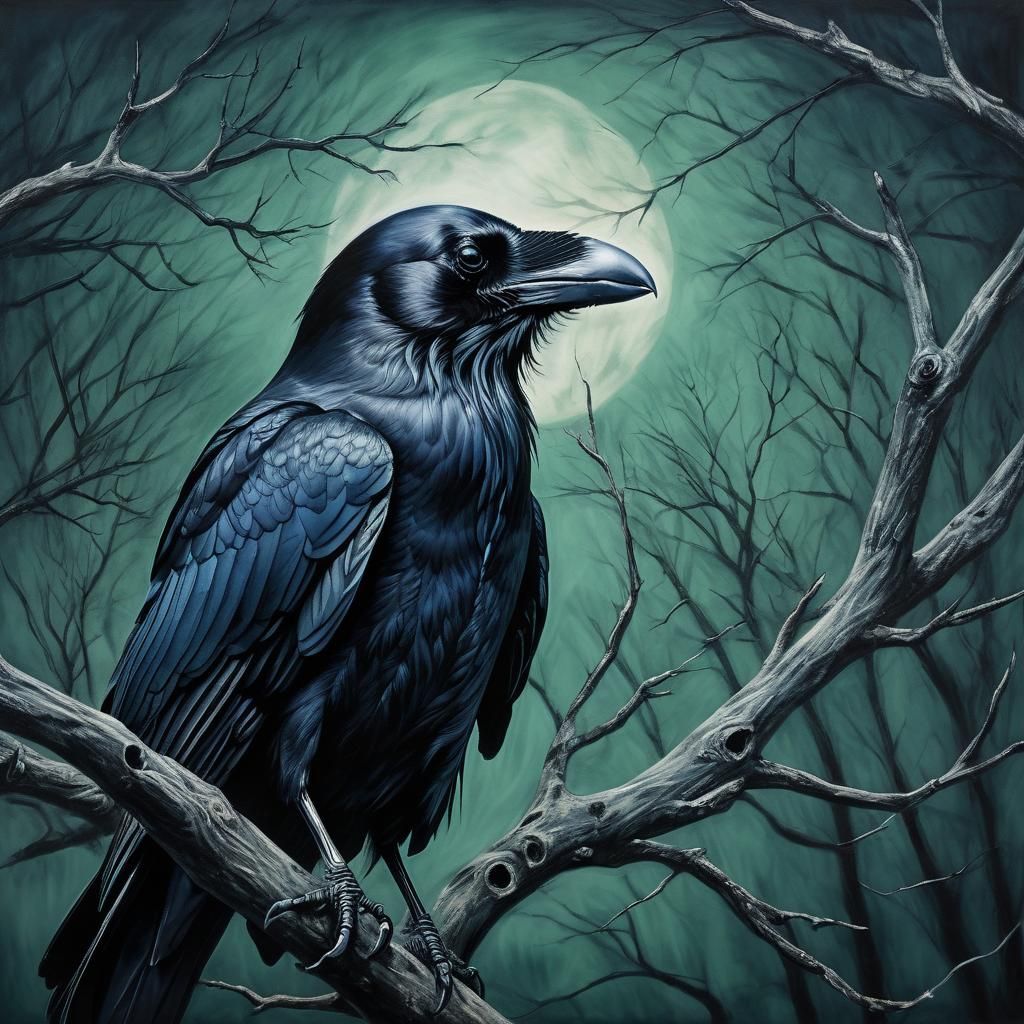 Eerie Raven with Skull Face in Charcoal Painting