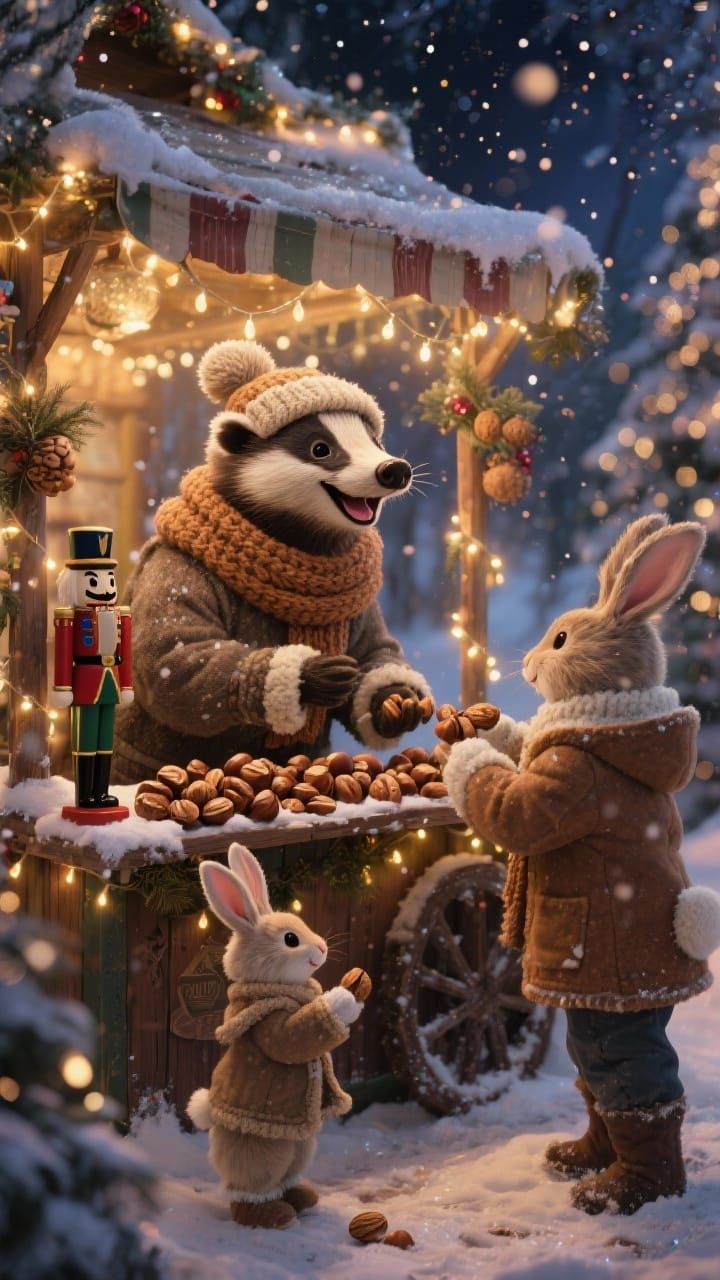 Cute Badger Sells Christmas Treats at Snowy Stall