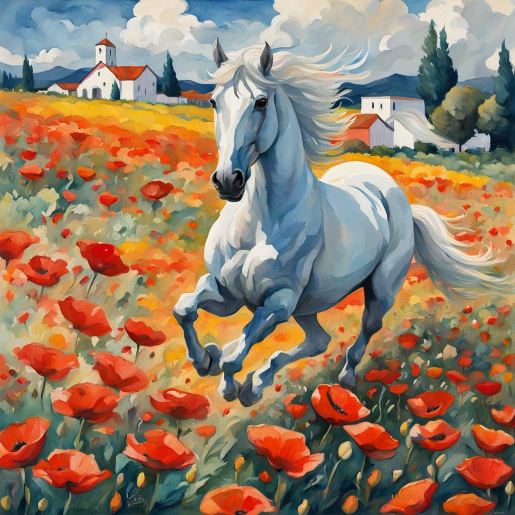 Ethereal Pegasus Surveys Vibrant Poppy Fields in Gouache Mas...