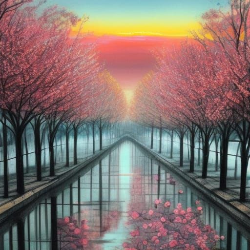 Rose Fields and Cherry Blossoms at Sunset