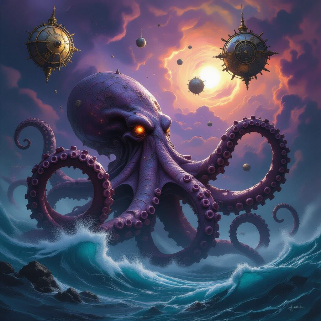 Kraken Emerges from Nebula Ocean Under Clockwork Planets