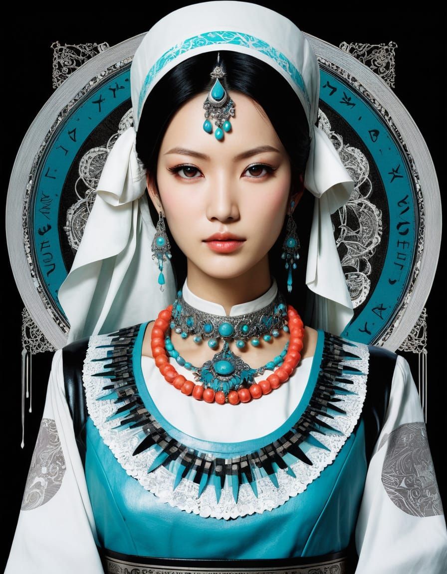 Crimean Tatar Woman Portrait in Black and White Ink