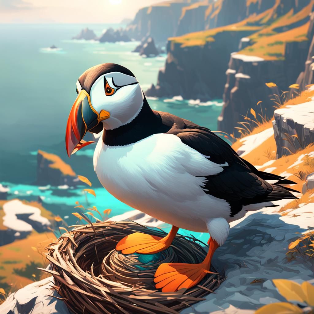Puffin Nesting on Cliffside: Digital Concept Art