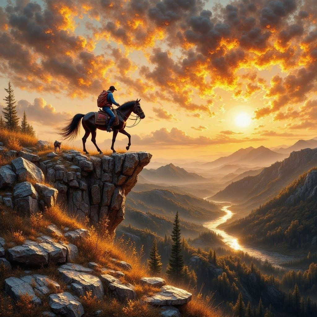 Man Rides Horse to Cliff's Edge in Vibrant Spring Sunset