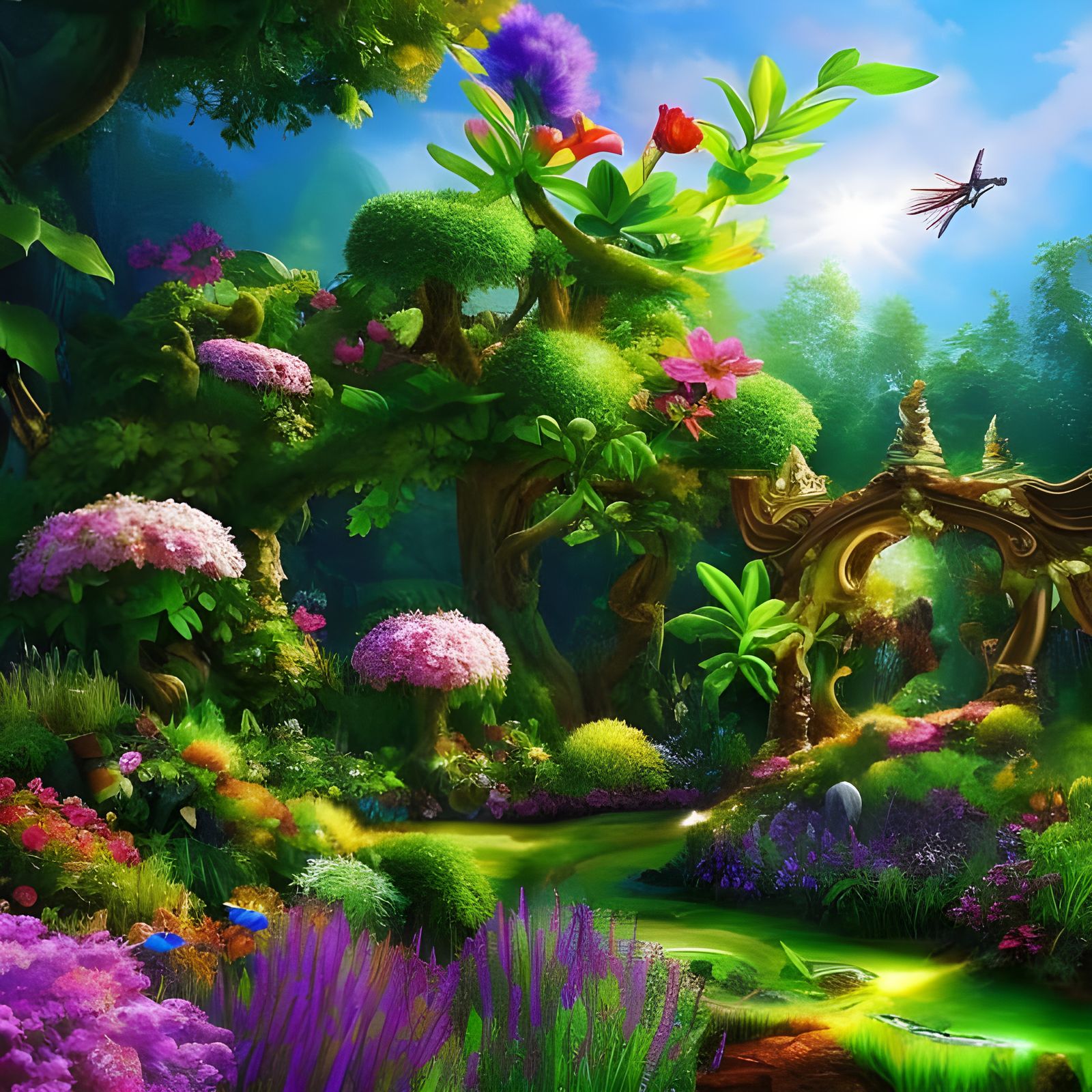 Fantasy fairy flower garden 🌱🌿☘️🍀 Hyperrealistic, splash art, concept art, mid shot, intricately detailed, color dept...