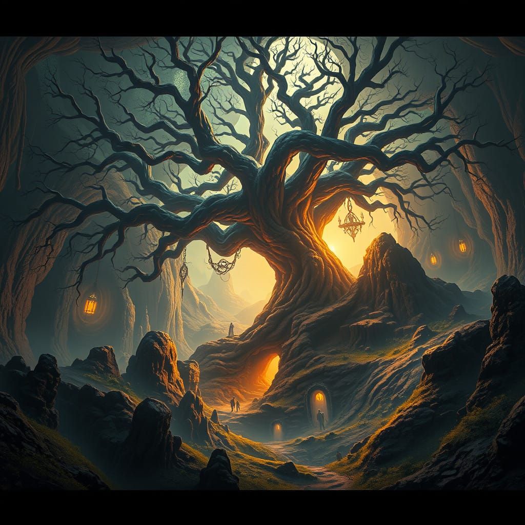 Dreamworld Realm with Ancient Tree in Golden Light