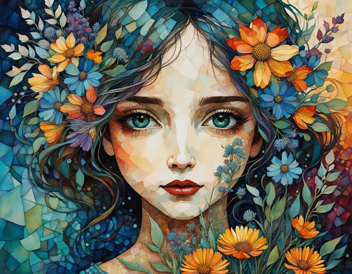 Whimsical Girl with Wildflowers Illustration