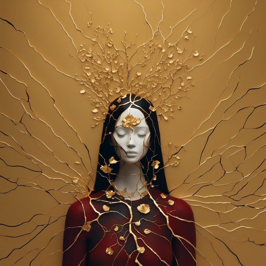 Gold Kintsugi Flower Woman: Artistic Portrait
