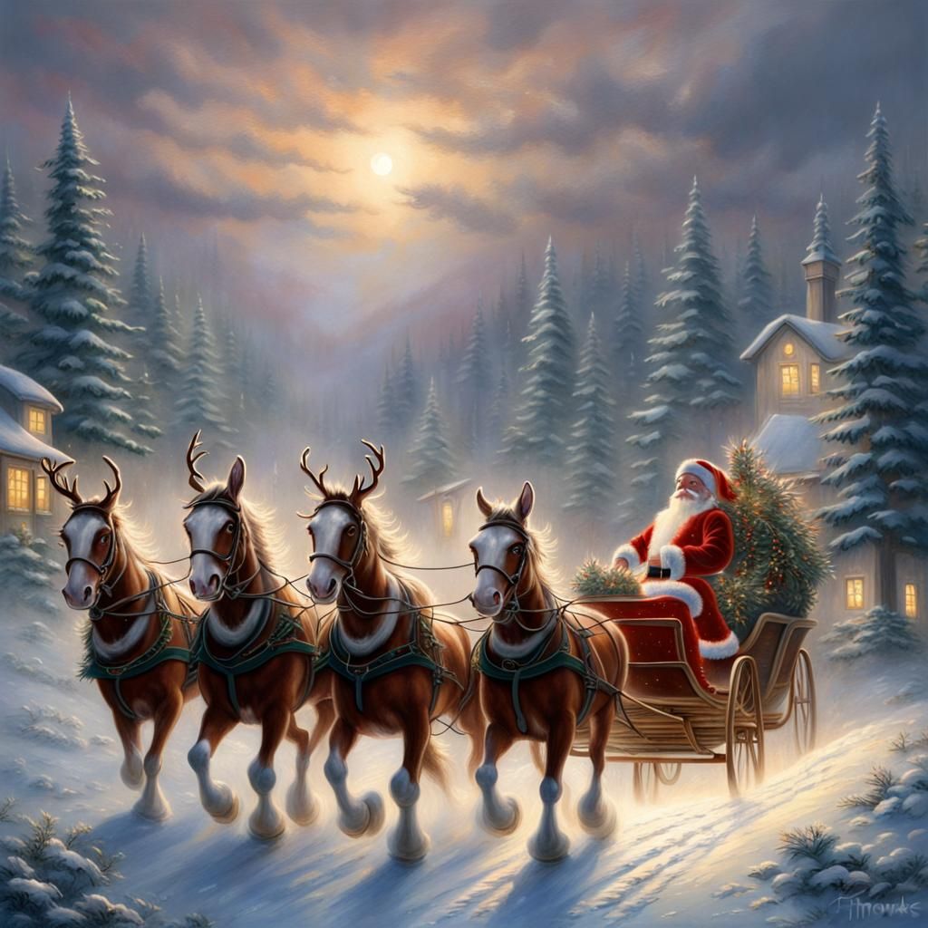 Clydesdales Pulling Santa's Sleigh in Fantasy Style