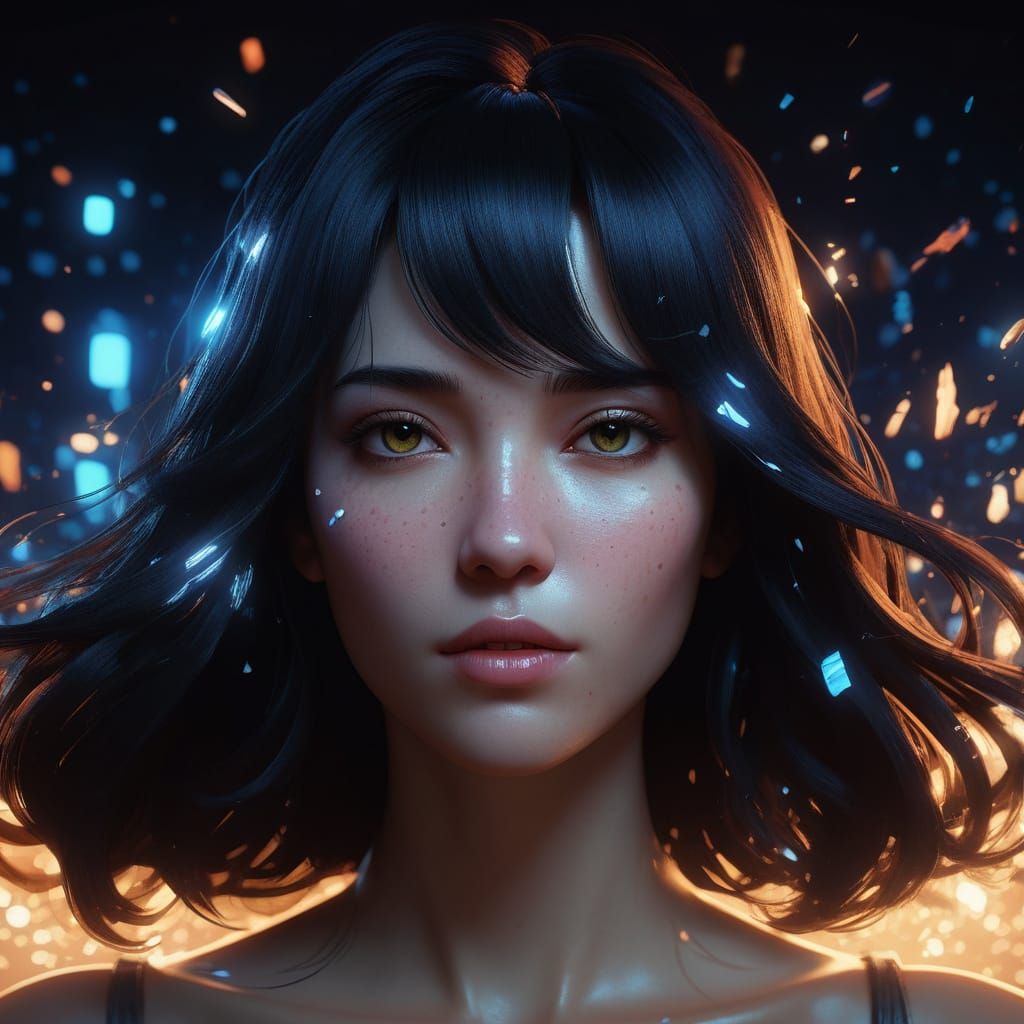 Girl in Shimmering Black Hair Cocooned in Vibrant Galaxy Hue...