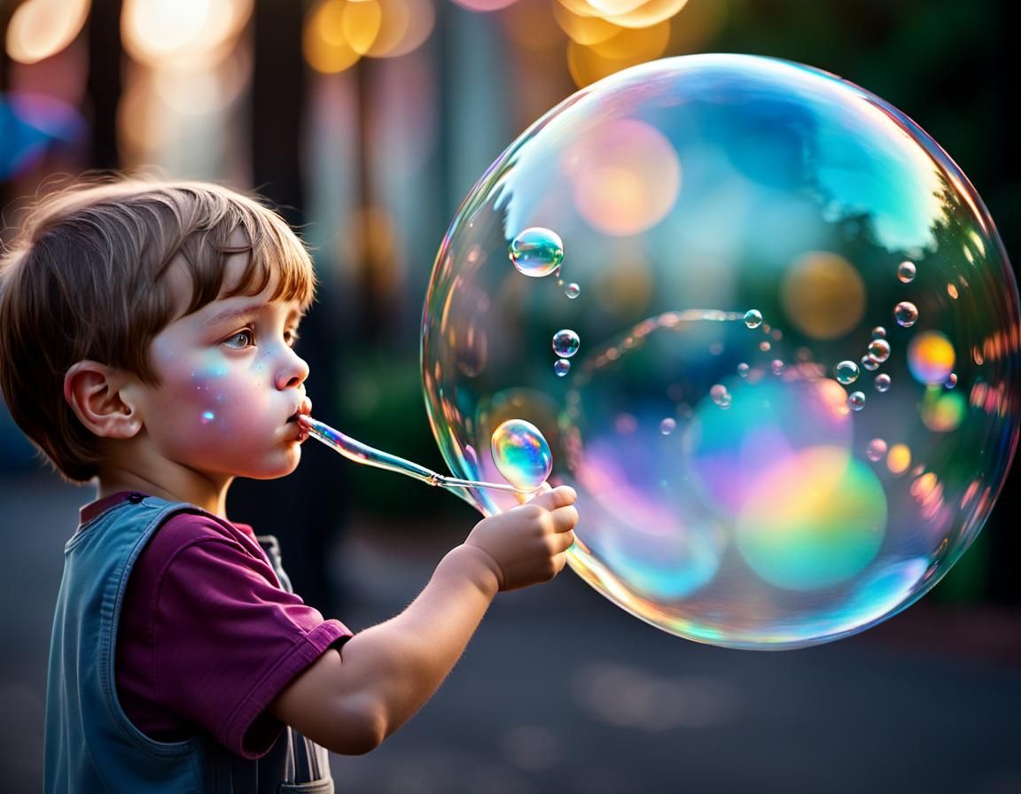 Child Blowing Iridescent Bubble in Photorealistic Style