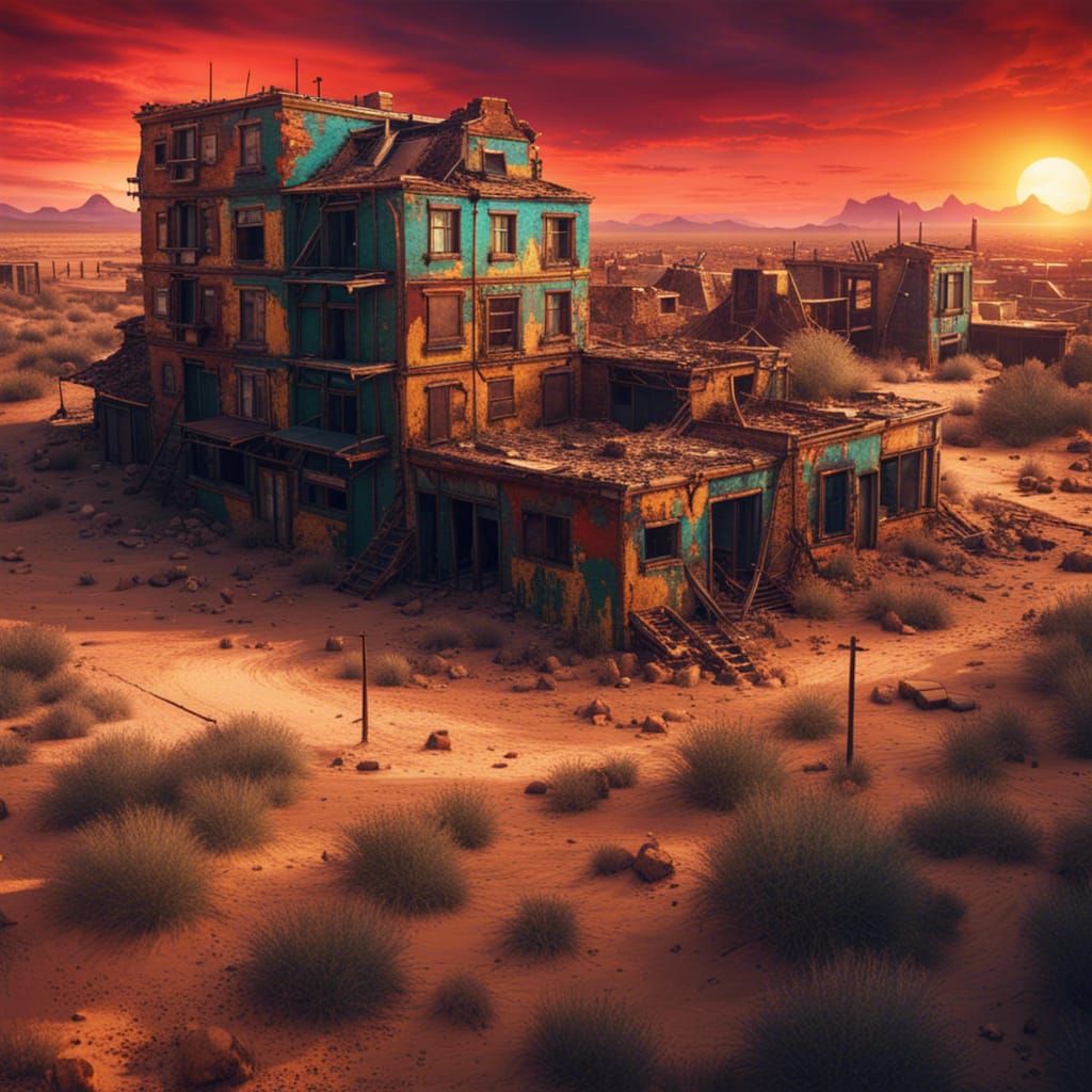 Post-Apocalyptic Desert Sunset in Maximalist Style