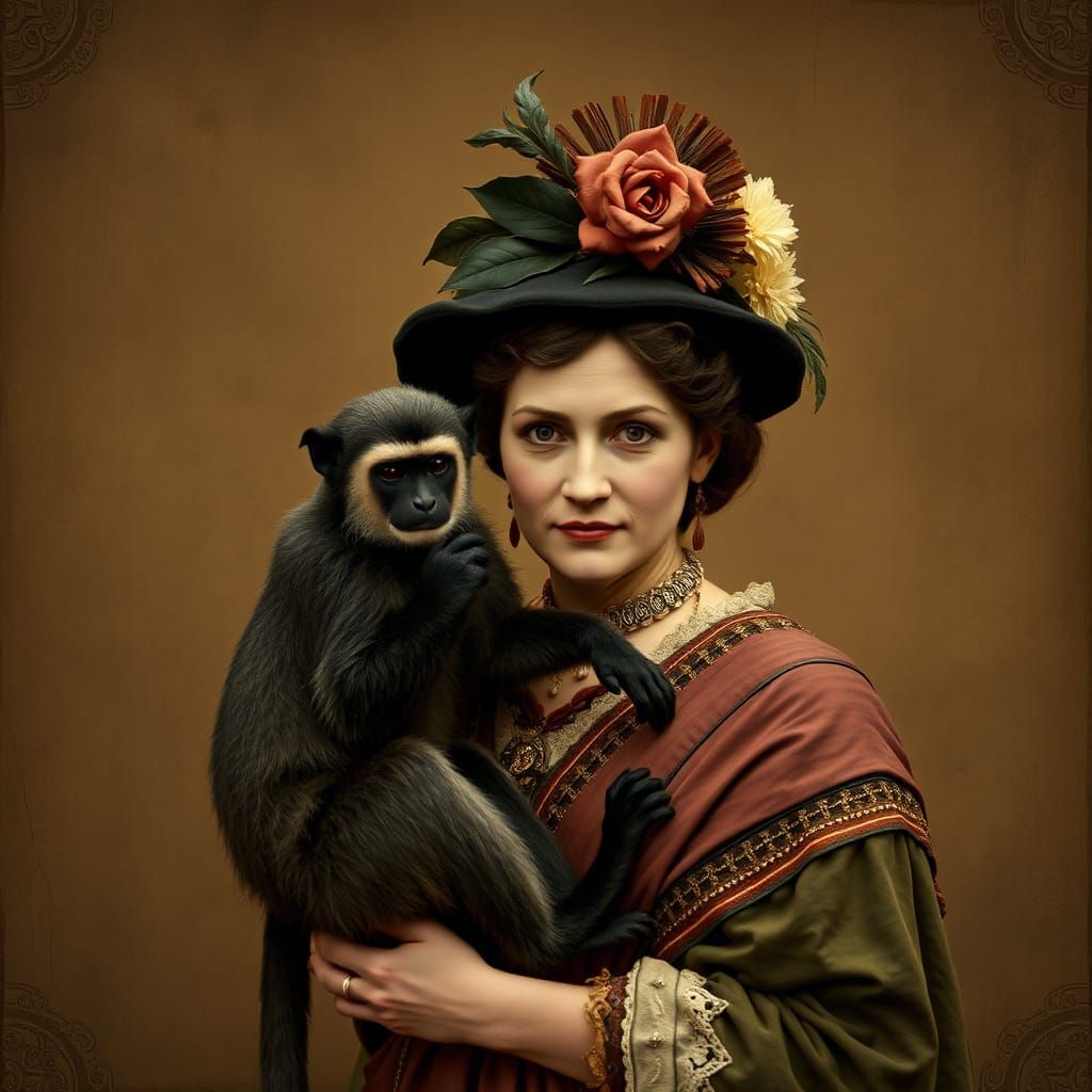 Edwardian Woman with Lemur Monkey Portrait