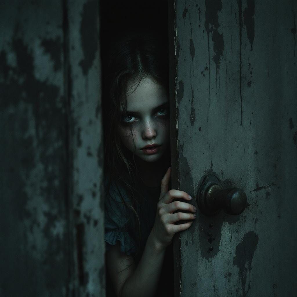 Eerie Girl Peeking Through Door in Dark Art Style