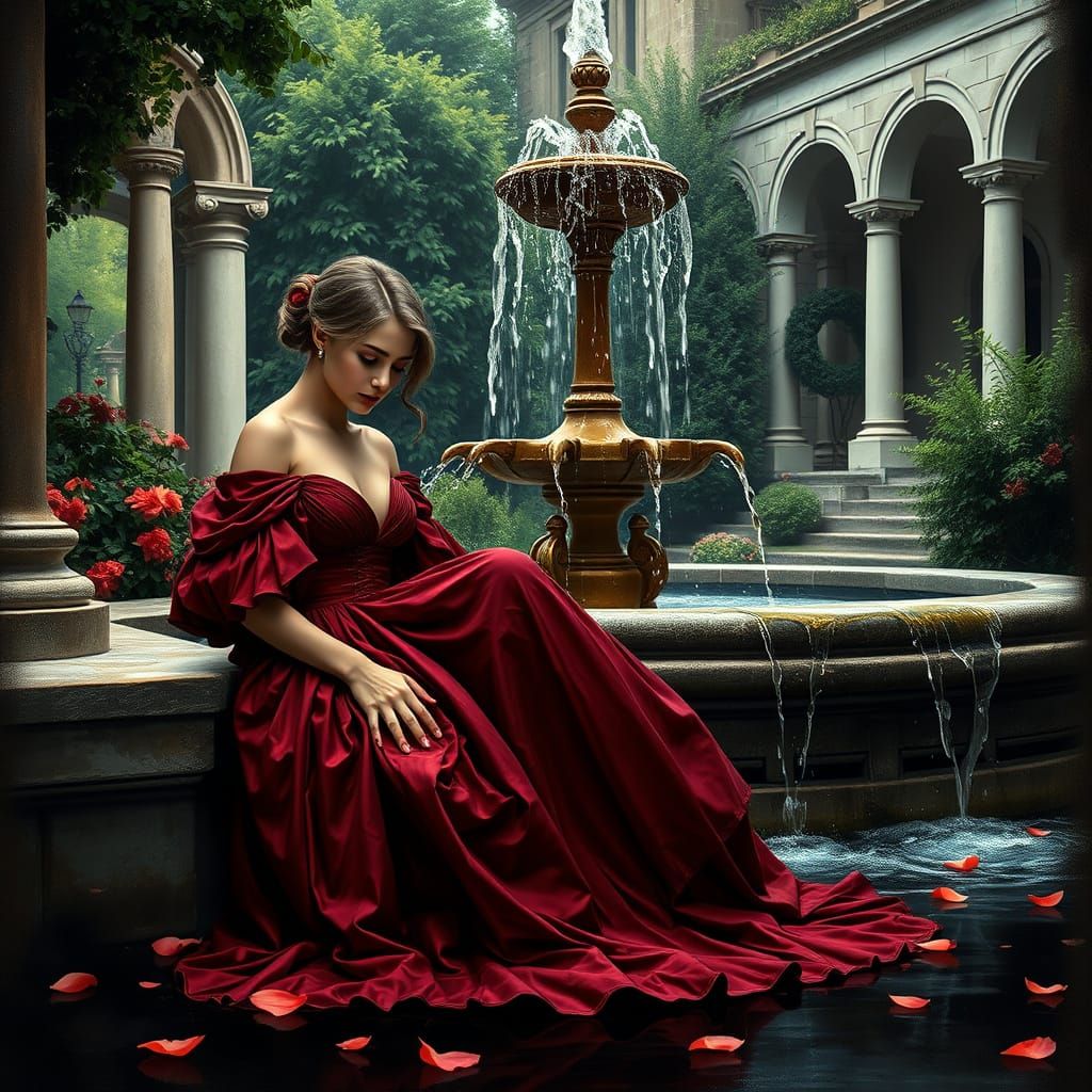 Hyperrealistic painting of a young woman in a deep crimson gown, seated by a stone fountain. The setting is a lush, gard...